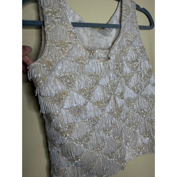 RARE 100% Wool Vtg Hand Beaded Sleeveless Top with Sequins Elegant Fringe Boho - Picture 7 of 11